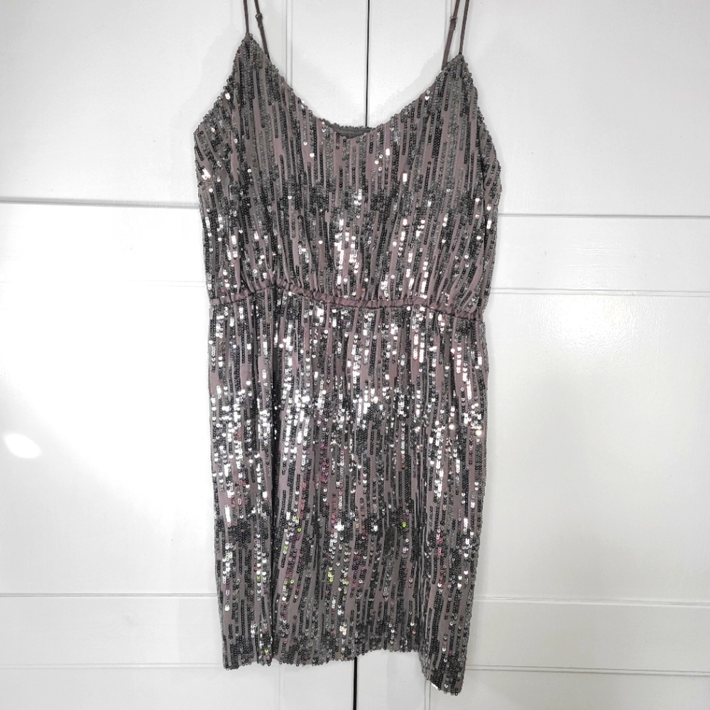 Silver sequin spaghetti strap dress. Designer